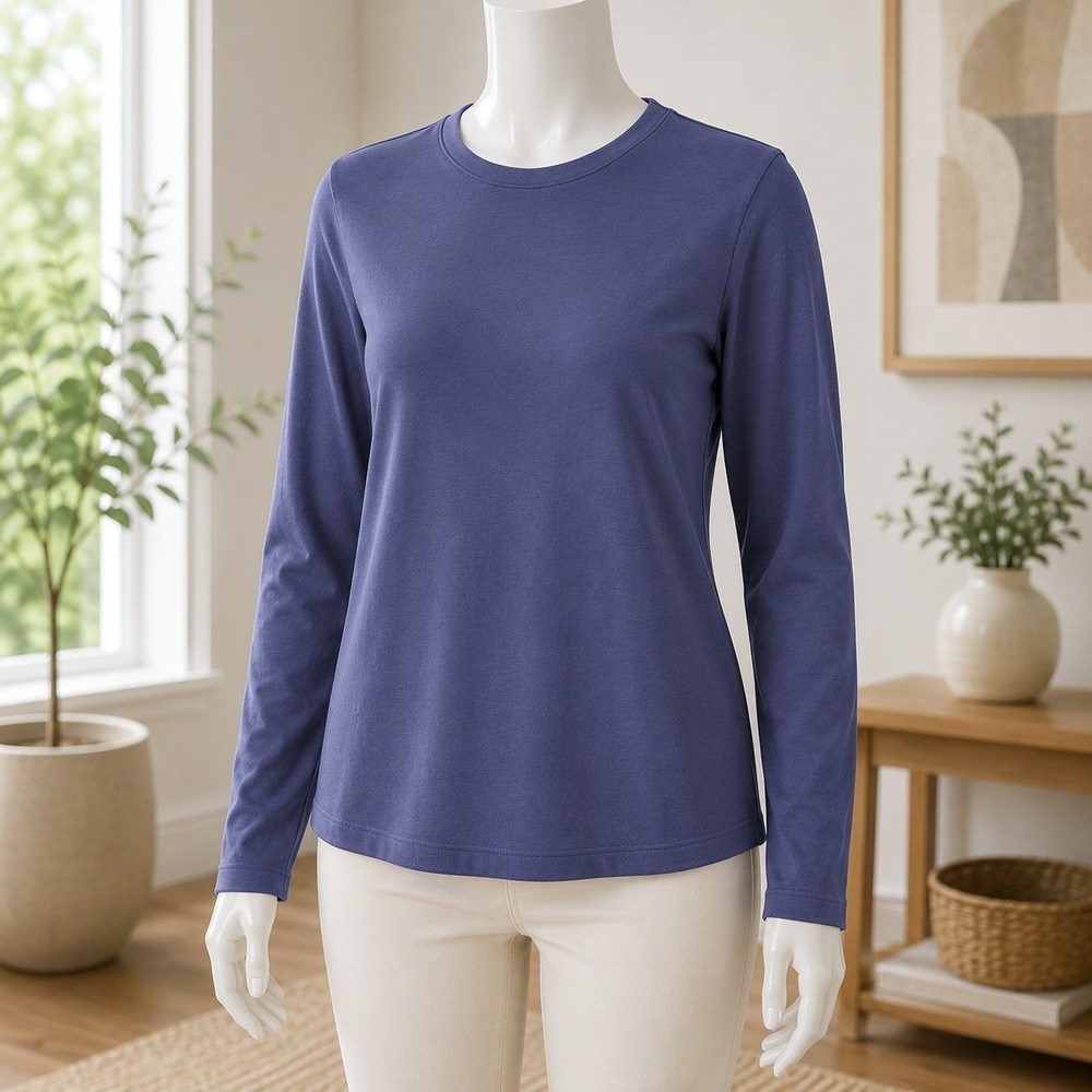 D&Co Essentials Waffle Knit Top Womens Medium Blue Long Sleeve Crew Neck Thermal